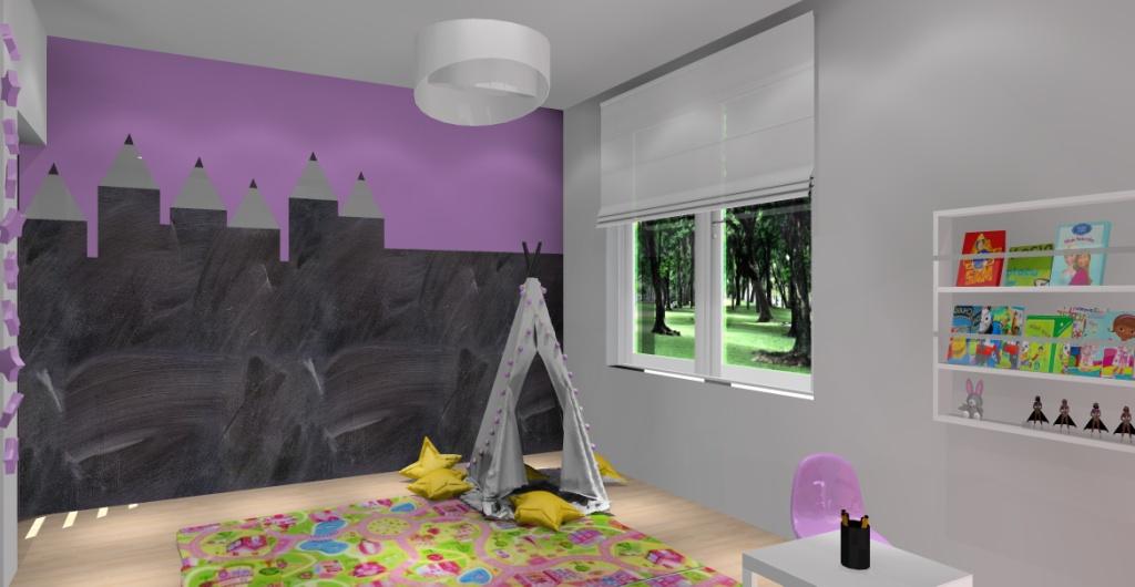 Projekt pokoju dla dzieci bawialnia, namiot tipi, tablica kredowa